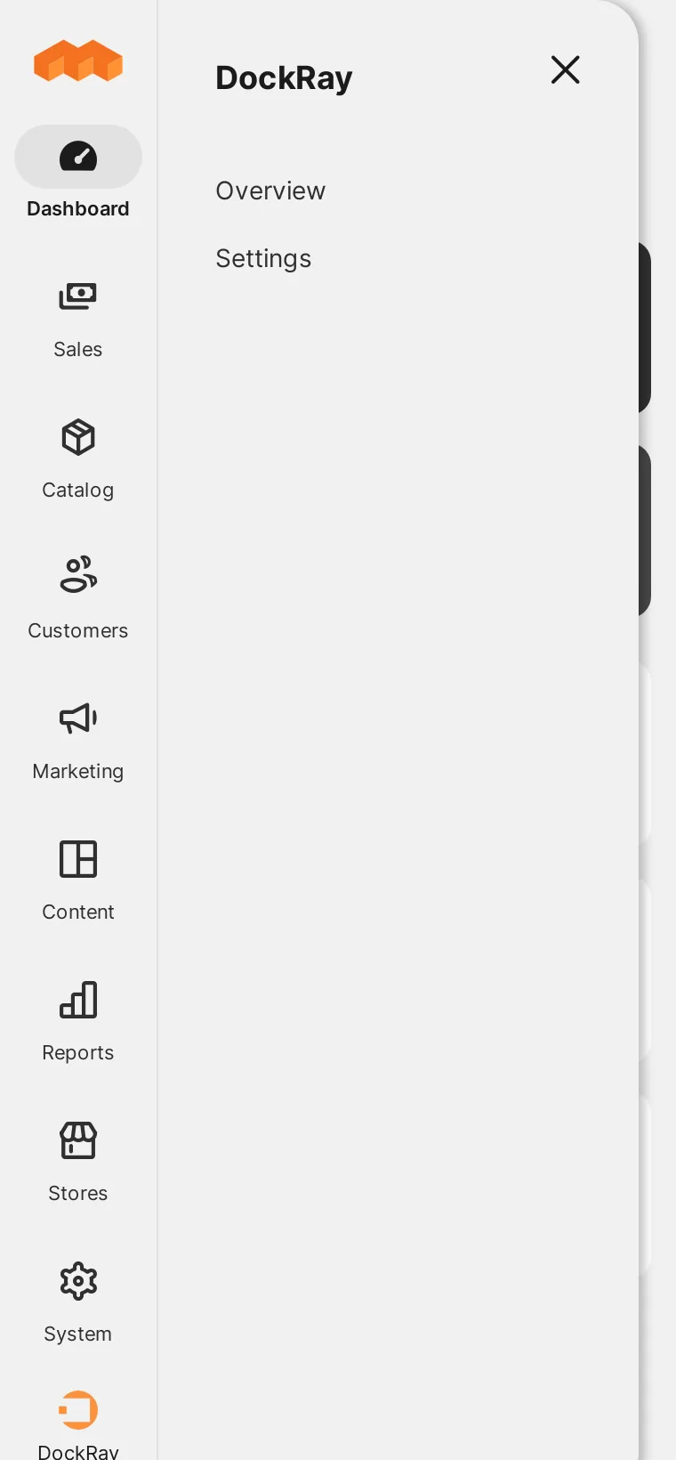 Magento admin sidebar with the DockRay menu expanded to show Overview and Settings
