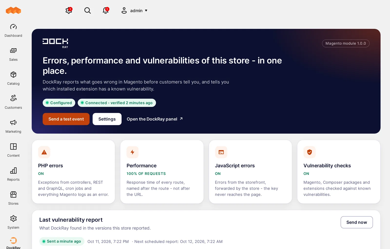 DockRay Overview panel in Magento showing the connection status, module features, and latest vulnerability report