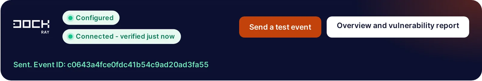 DockRay connection test result in Magento showing the Connected status and the ID of the sent event